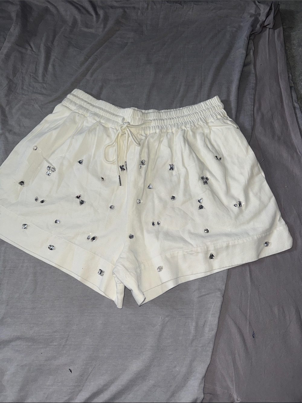 Maeve White Embellished Drawstring Athletic Shorts